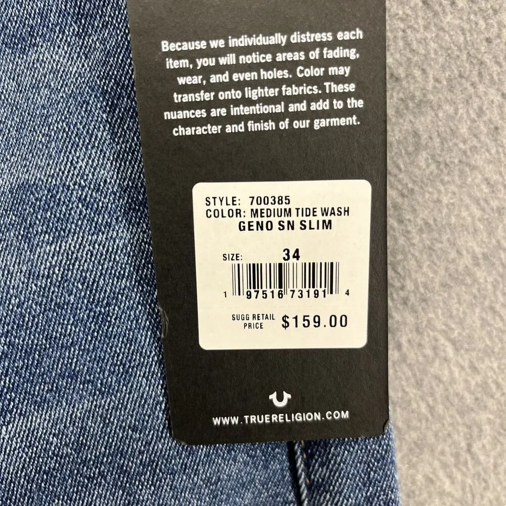 True Religion Jeans Mens 34 X 32 Blue Geno Relaxed Slim‎ Medium Tide Wash